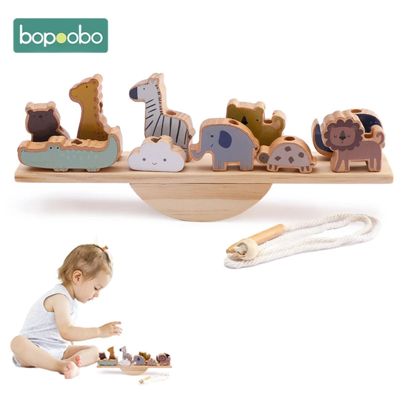 Baby Animal Threading Seesaw Toys Wooden Stacking